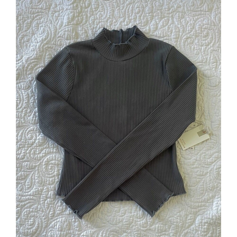 Ribbed Mock Neck Long Sleeve Top Good American Olive Green Ink Size 2 NWT